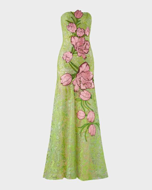 Tulip Embroidered Lace Strapless Maxi Dress
